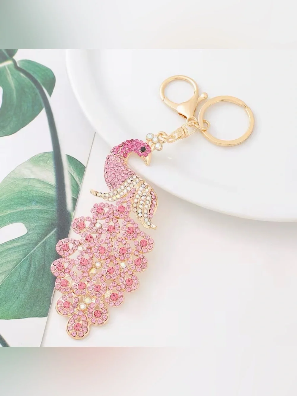 Peacock Bag Charm Keychain with Key Ring for Purse Handbag Pink